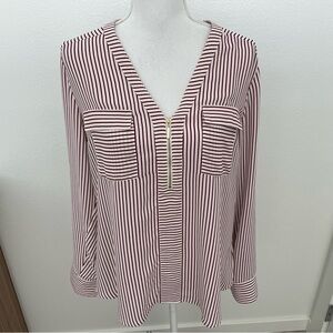 Express Red & White Striped V-Neck Blouse w/ Gold Zipper, L